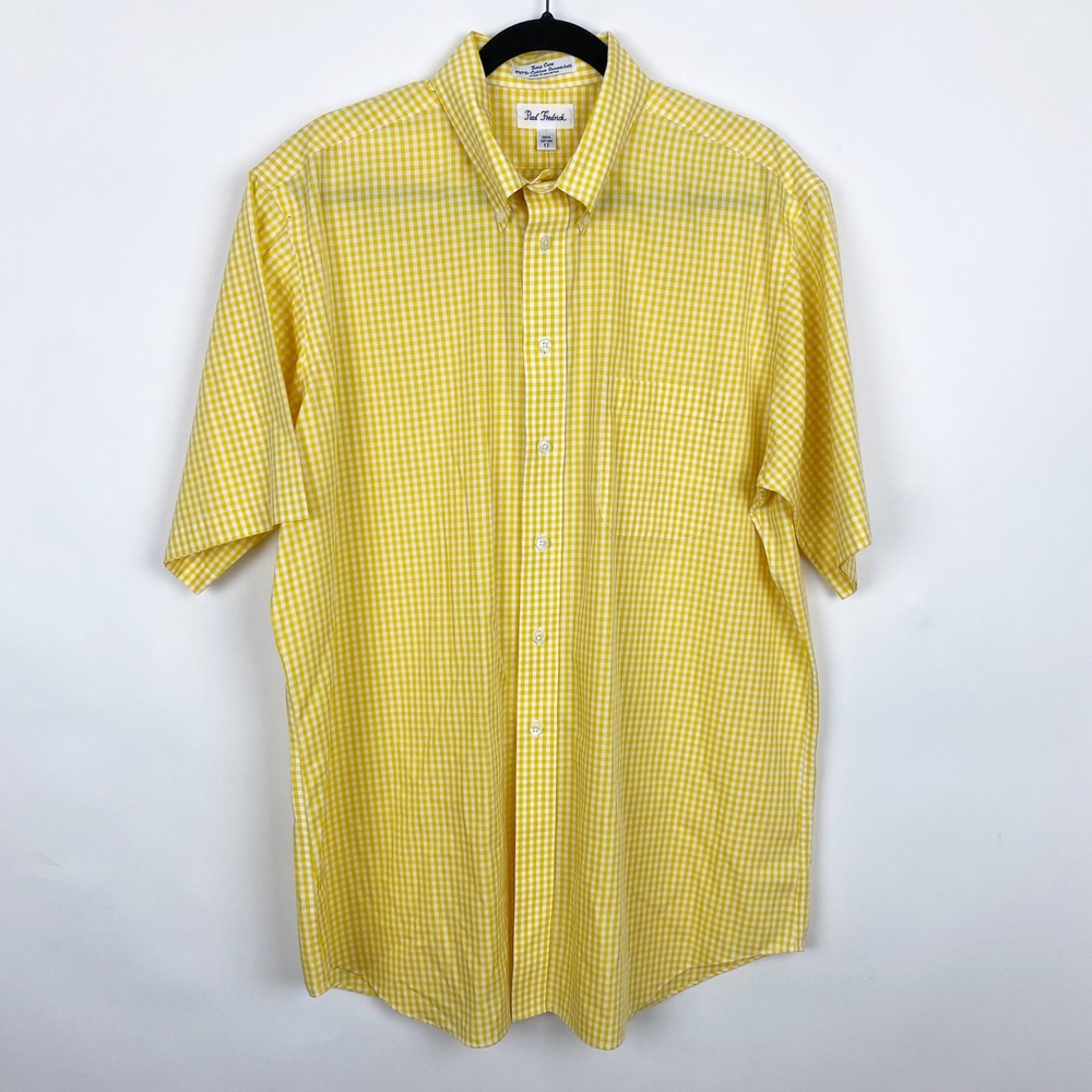 Paul Fredrick Gingham Easy Care Broadcloth Shirt Mens 17 Yellow White Check